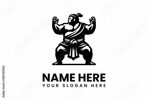 Powerful Sumo Wrestler in Mawashi with Raised Hands Ready for Combat.