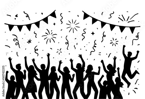 Dancing Crowd Silhouettes, Black Vector Illustration of Men and Women Dancing Together in a Lively Celebration Scene, Editable Formats: AI, EPS, JPG, PNG, Ideal for Both Digital and Print Use
