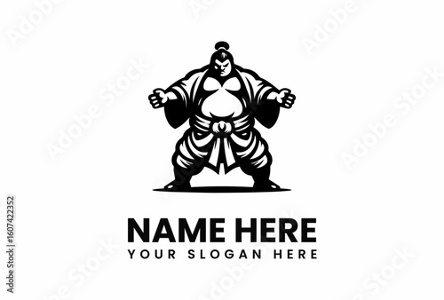 Powerful Sumo Wrestler Stance with Traditional Mawashi and Topknot Hairstyle.