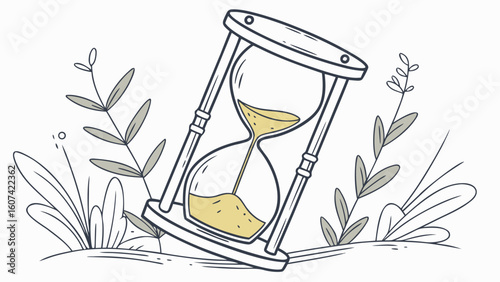 Elegant vector illustration of an hourglass with flowers in a glass, symbolizing time and natural beauty