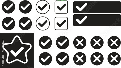 Black Tick and Cross Checkmark Icon Set – Transparent Background Right and Wrong Symbols

