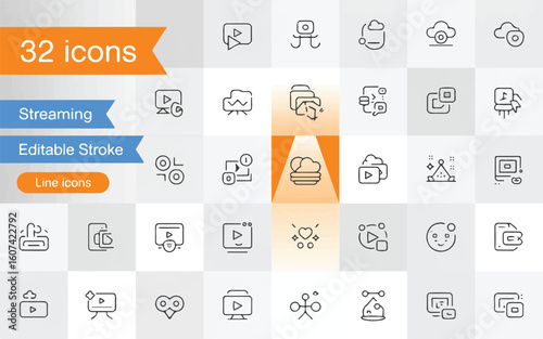 Thirty two minimalist black line art icons on a light grey background symbol