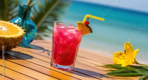Refreshing pink cocktail with pineapple and cherry garnish on a wooden table near the beach