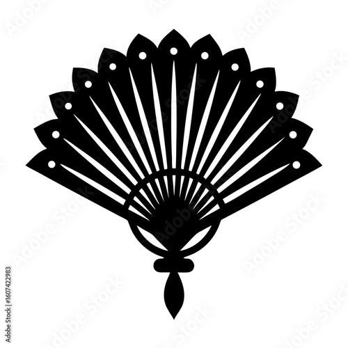 A black silhouette of an open folding fan with decorative details