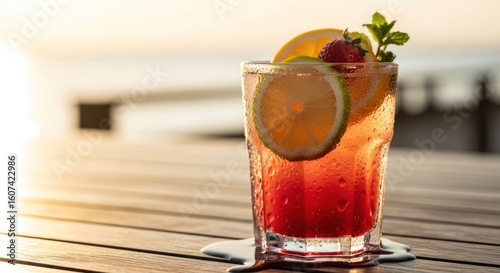 Refreshing summer cocktail with citrus and strawberry garnish on wooden table at sunset