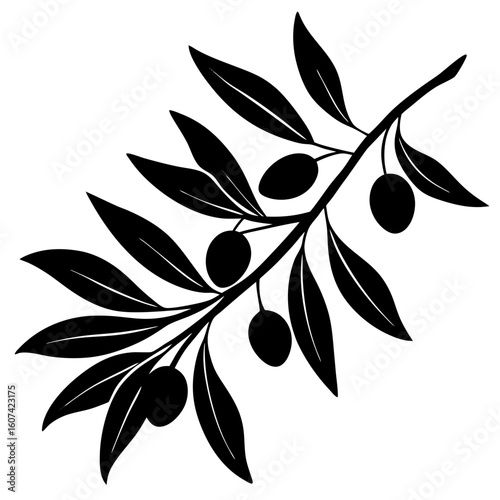A black silhouette of an olive branch with leaves and olives