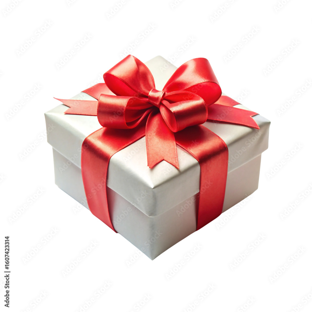 Fototapeta premium White gift box with red ribbon bow isolated on transparent background