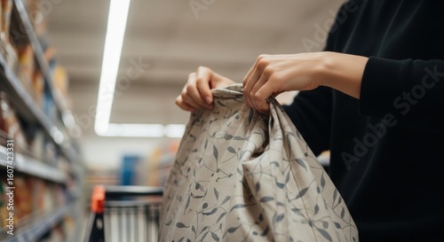 Reusable shopping bag with leaf pattern held open in a supermarket aisle