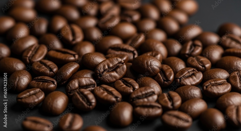 Naklejka premium Roasted coffee beans close-up on dark surface, rich brown hues and aromatic texture