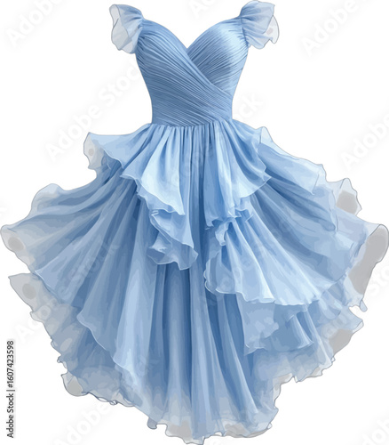 Blue chiffon dress layered hem vector