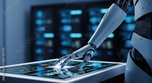 Robotic Arm Interacting with Illuminated Touchscreen Display in Futuristic Setting