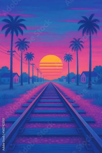 Synthwave-style digital art of railroad tracks at sunset with palm trees, neon colors, and retro 80s vaporwave aesthetic
