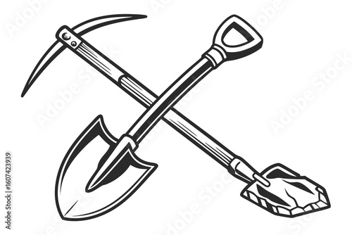 Crossed pickaxe and shovel graphic illustration tools digging