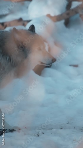 Grey wolf walking between the forest trees in winter. Vertical.