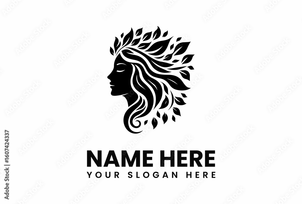 Fototapeta premium Silhouette of a Woman with Leaf Hair Elegant Logo Design.