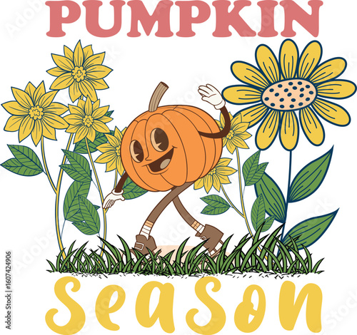 Cheerful pumpkin character announces the arrival of autumn. A cute, cartoon pumpkin character with arms and legs is depicted walking through a garden of sunflowers.