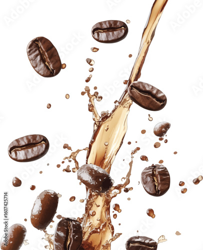 Coffee beans splashing liquid brown vector