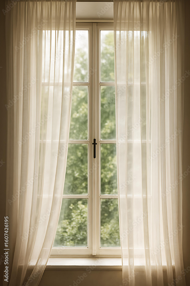 Fototapeta premium Elegant transparent curtains allowing natural light to brighten home interiors