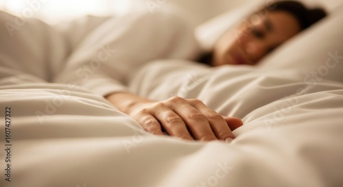 Serene slumber: Woman's hand rests on soft white sheets in peaceful bedroom