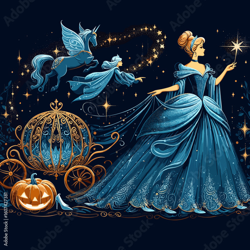 Enchanting Cinderella illustration with magical elements including a horse-drawn carriage and fairy