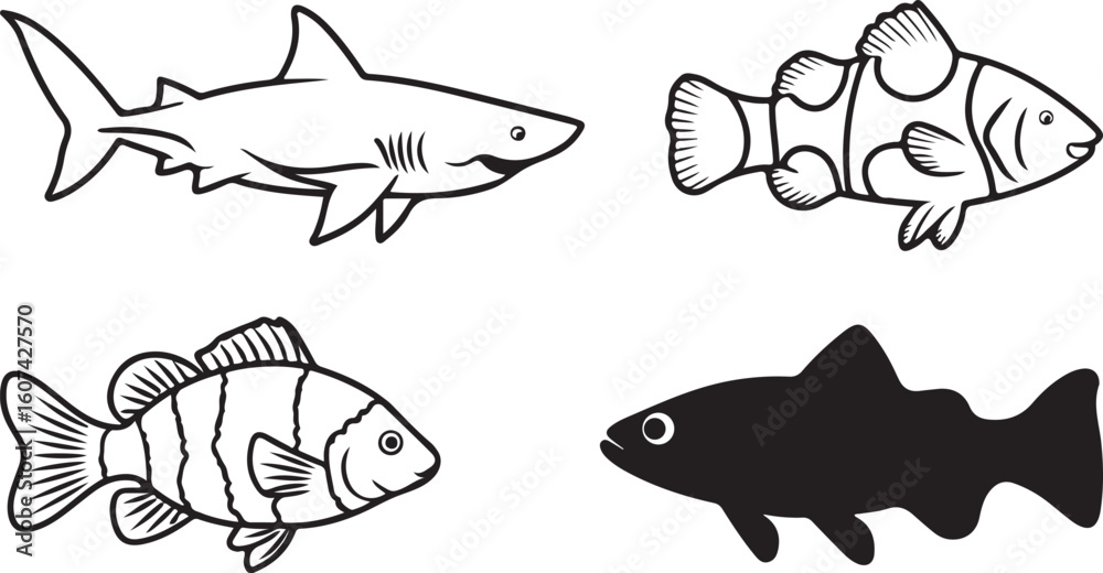 Naklejka premium Diverse Fish Illustrations Including Shark and Clownfish Designs