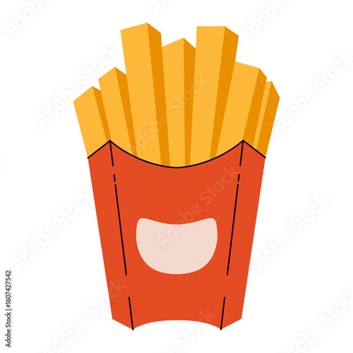 French fries. Fast food fried potatoes in red paper container, cartoon crispy delicious snack, side dish of fried greasy meal, unhealthy takeout junk food. Vector flat illustration