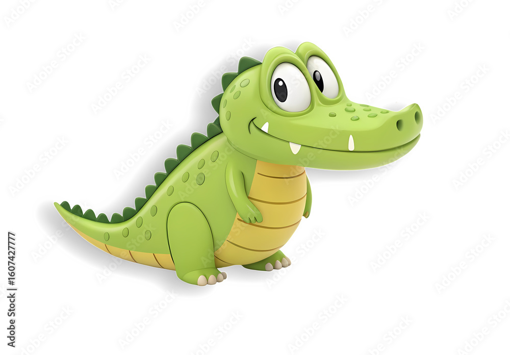 Fototapeta premium Green crocodile kid. 3D rendering toy pets isolated on white and transparent background. Plastic cartoon design.