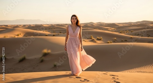 Serene woman in flowing pink dress walking barefoot across vast desert dunes at sunset