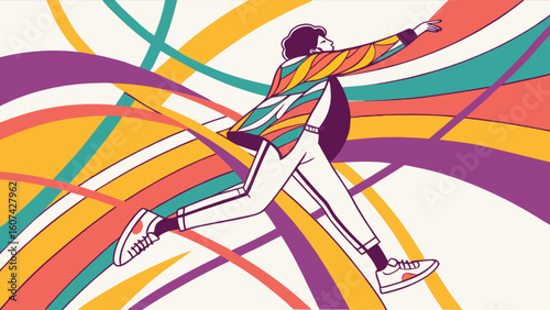 Person leaping forward with colorful striped jacket and pants over abstract lines background