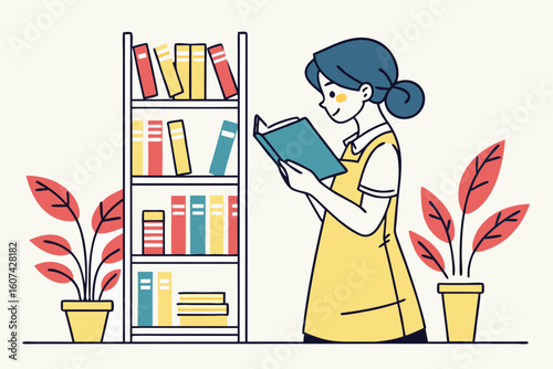 Girl reading book near bookshelf with potted plants vector