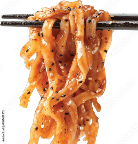 Delicious Asian noodles held by chopsticks food