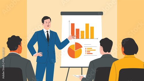  Business presentation with flip chart graphs — data analysis, team strategy session, bar and pie chart review in professional setting
