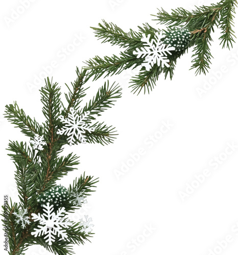 Evergreen branch with snowflakes and pinecones needles
