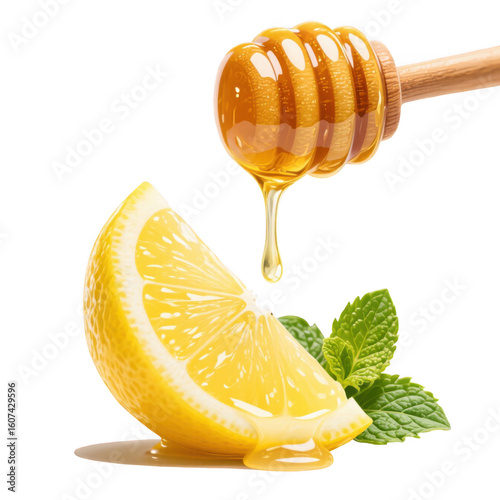 Honey dripping from dipper onto lemon slice with mint isolated on transparent background