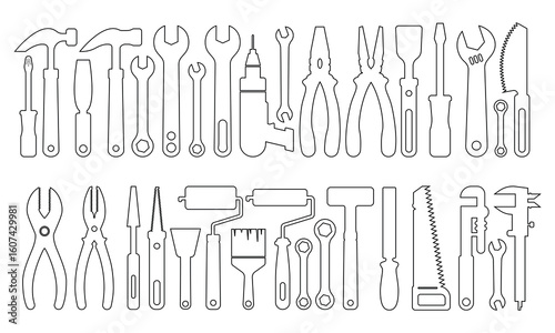 Tool repair and service icon set in line style. Wrench, screwdriver, hammer tools. Line style engineering vector for apps and web isolated on transparent background.