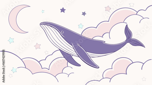A whale floats among clouds with stars and a moon in a dreamy pastel color palette illustration