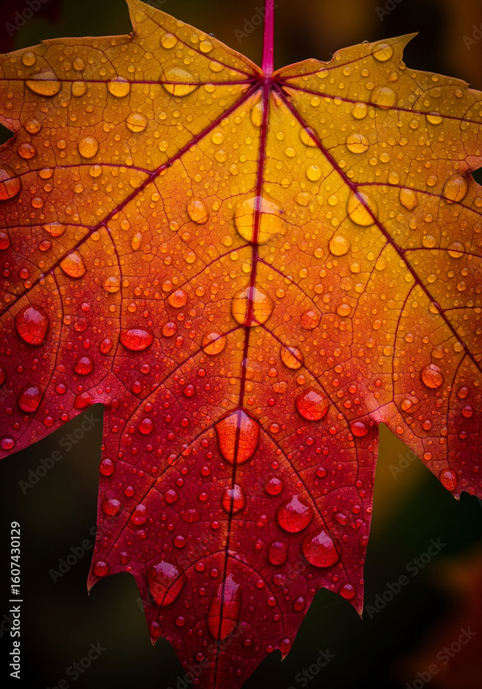Fototapeta premium Macro Shot of Autumn Leaf with Raindrops