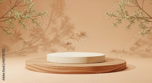 Minimalist Product Display with Wooden Platform and Floral Shadows