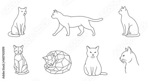 Charming collection of stylized white cats in various poses, from playful to serene, perfect for pet lovers and modern designs.
