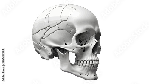 Intricate detailed human skull anatomy, showcasing cranial sutures and bone structure, perfect for medical, scientific, or artistic projects needing precise detail