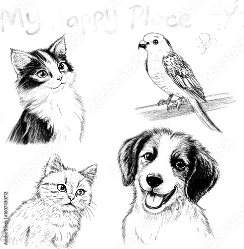 Black and white vector illustration of a collage of hand-drawn sketches of pets