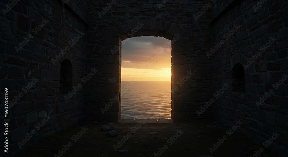 Fototapeta premium Sunset view through ancient stone archway overlooking tranquil ocean.