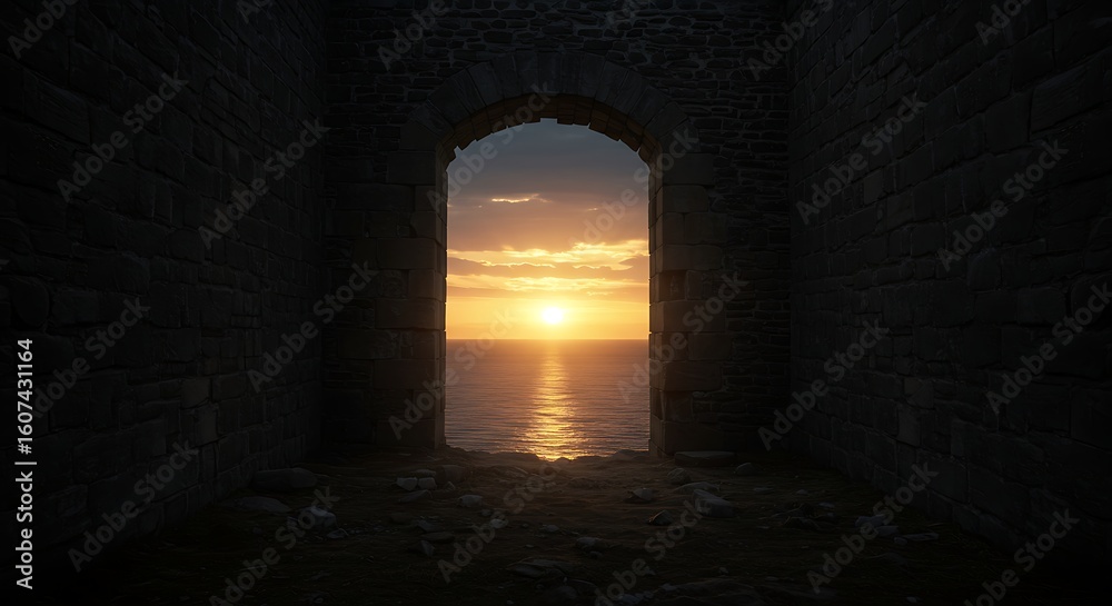 Fototapeta premium A dark stone archway frames a beautiful sunset over the ocean.