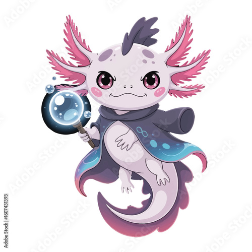 A chibi axolotl with glowing pink gills and gentle but angry eyes.