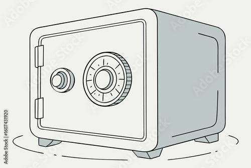 a photo of a stylized, cartoon-like safe in a light blue color, with a large metallic dial and a simple, minimalist design