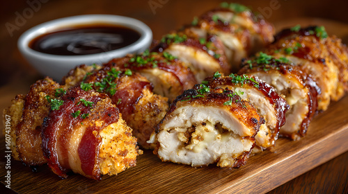 Chicken fingers rolled up of bacon with some bbq sauce