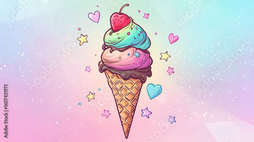 llustration of a colorful ice cream cone with three scoops--strawberry, mint, and chocolate--stacked high in a crisp waffle cone.