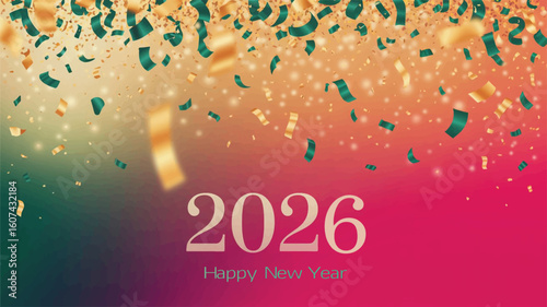 Elegant 2026 New Year Celebration with Falling Golden and Green Confetti Design