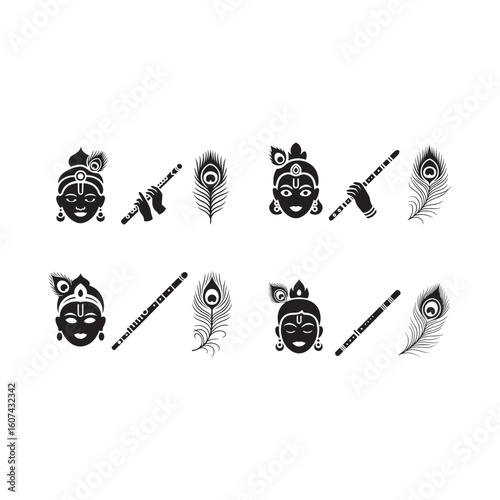  Krishna Faces, Peacock Feathers & Flute Set