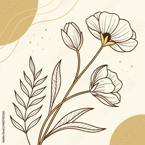 Elegant Botanical Line Art Flowers with Abstract Organic Shapes and Earth Tones